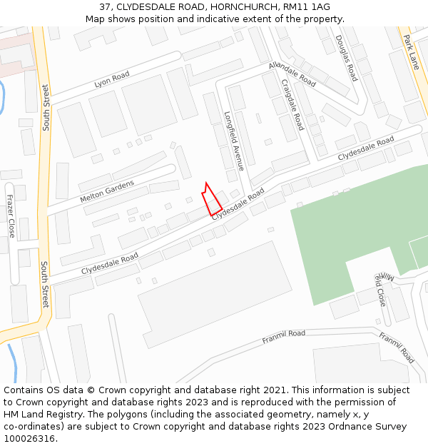 37, CLYDESDALE ROAD, HORNCHURCH, RM11 1AG: Location map and indicative extent of plot
