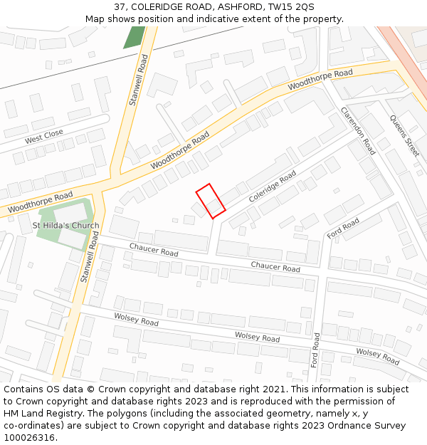 37, COLERIDGE ROAD, ASHFORD, TW15 2QS: Location map and indicative extent of plot