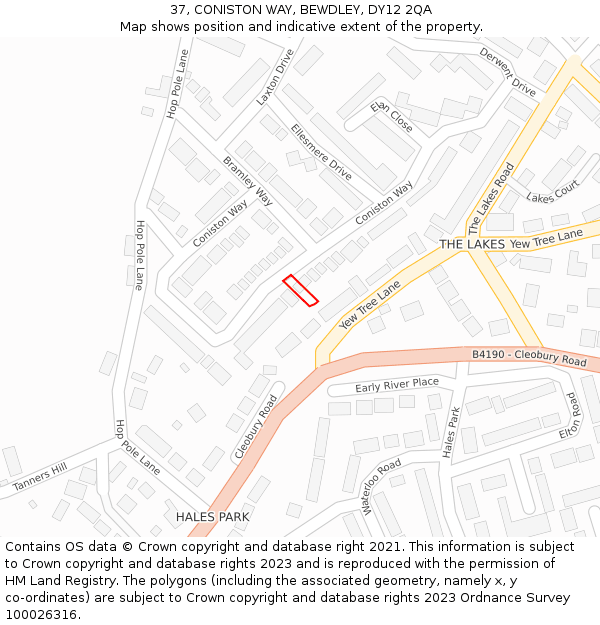 37, CONISTON WAY, BEWDLEY, DY12 2QA: Location map and indicative extent of plot