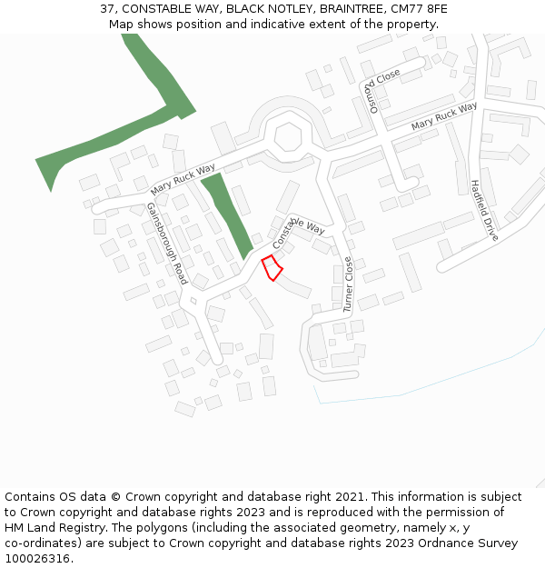 37, CONSTABLE WAY, BLACK NOTLEY, BRAINTREE, CM77 8FE: Location map and indicative extent of plot