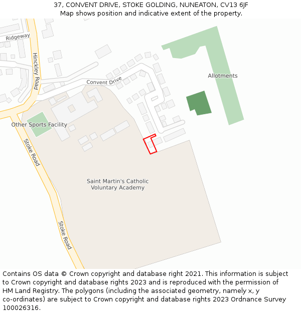 37, CONVENT DRIVE, STOKE GOLDING, NUNEATON, CV13 6JF: Location map and indicative extent of plot