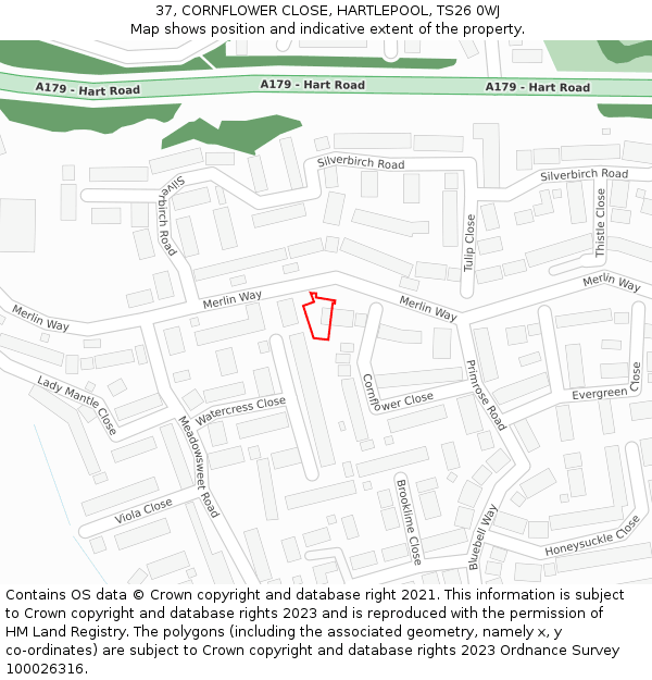 37, CORNFLOWER CLOSE, HARTLEPOOL, TS26 0WJ: Location map and indicative extent of plot