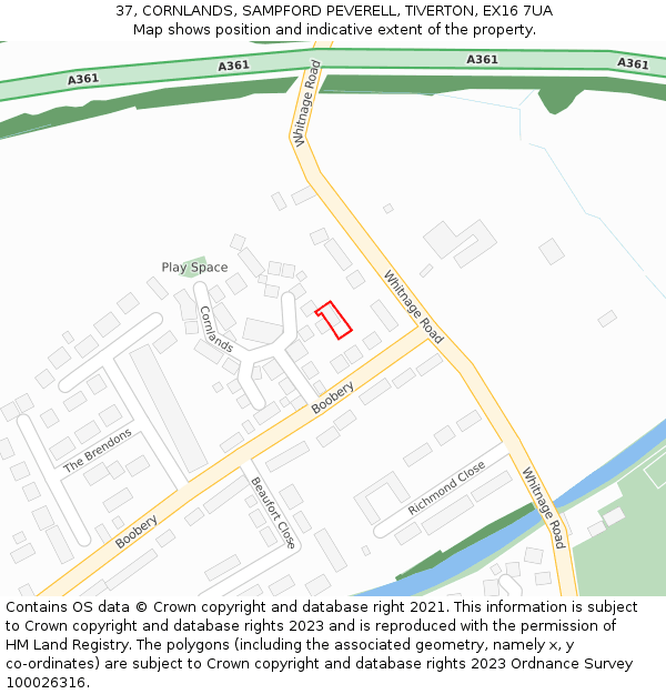 37, CORNLANDS, SAMPFORD PEVERELL, TIVERTON, EX16 7UA: Location map and indicative extent of plot