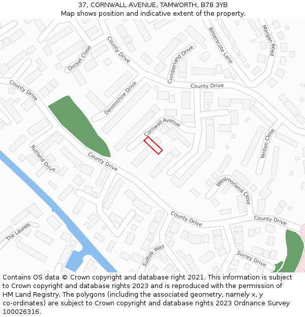 37, CORNWALL AVENUE, TAMWORTH, B78 3YB: Location map and indicative extent of plot