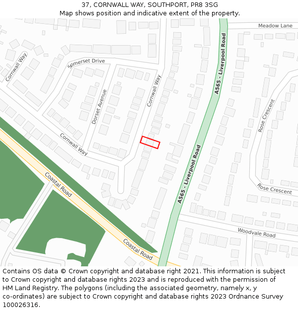 37, CORNWALL WAY, SOUTHPORT, PR8 3SG: Location map and indicative extent of plot