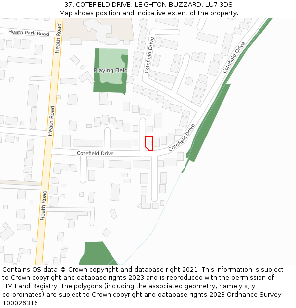 37, COTEFIELD DRIVE, LEIGHTON BUZZARD, LU7 3DS: Location map and indicative extent of plot