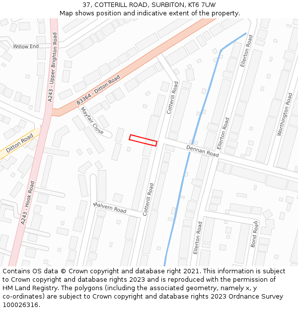 37, COTTERILL ROAD, SURBITON, KT6 7UW: Location map and indicative extent of plot