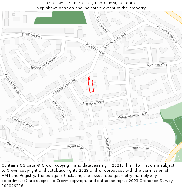 37, COWSLIP CRESCENT, THATCHAM, RG18 4DF: Location map and indicative extent of plot