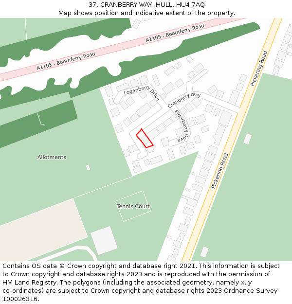 37, CRANBERRY WAY, HULL, HU4 7AQ: Location map and indicative extent of plot