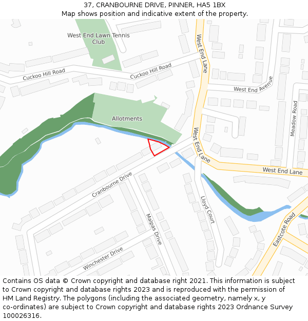 37, CRANBOURNE DRIVE, PINNER, HA5 1BX: Location map and indicative extent of plot