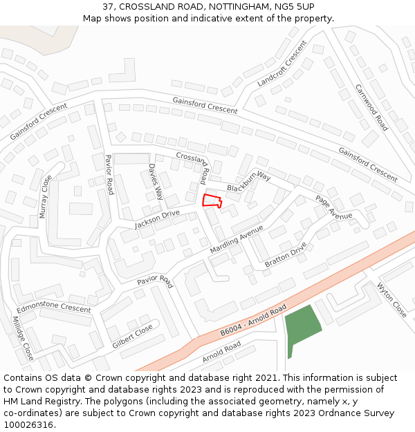 37, CROSSLAND ROAD, NOTTINGHAM, NG5 5UP: Location map and indicative extent of plot