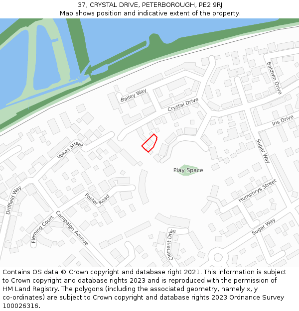 37, CRYSTAL DRIVE, PETERBOROUGH, PE2 9RJ: Location map and indicative extent of plot