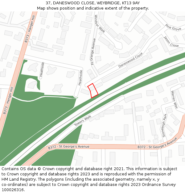 37, DANESWOOD CLOSE, WEYBRIDGE, KT13 9AY: Location map and indicative extent of plot