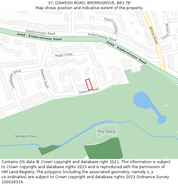 37, DAWSON ROAD, BROMSGROVE, B61 7JF: Location map and indicative extent of plot