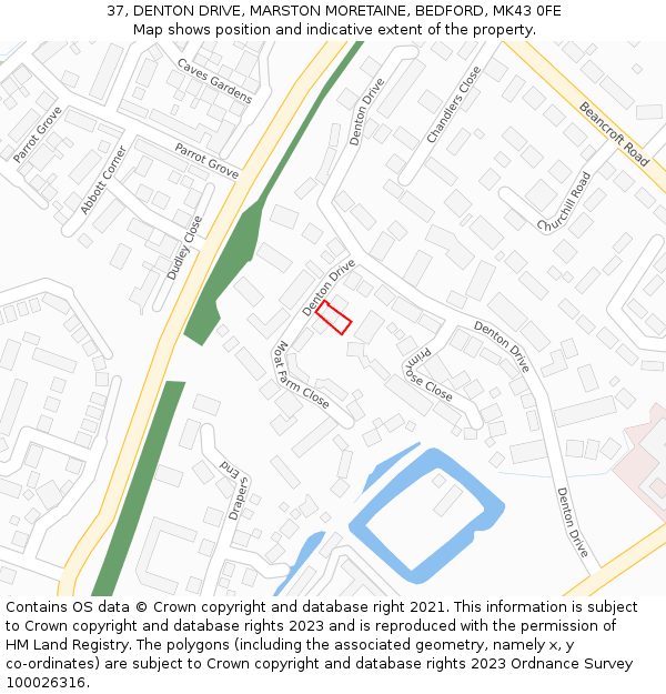 37, DENTON DRIVE, MARSTON MORETAINE, BEDFORD, MK43 0FE: Location map and indicative extent of plot