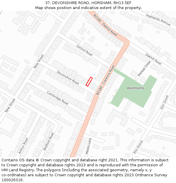 37, DEVONSHIRE ROAD, HORSHAM, RH13 5EF: Location map and indicative extent of plot