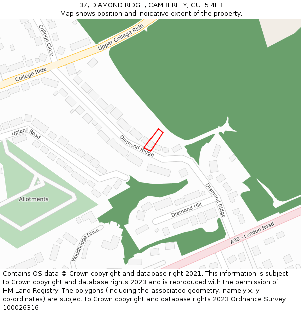 37, DIAMOND RIDGE, CAMBERLEY, GU15 4LB: Location map and indicative extent of plot