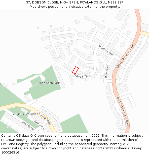 37, DOBSON CLOSE, HIGH SPEN, ROWLANDS GILL, NE39 2BF: Location map and indicative extent of plot