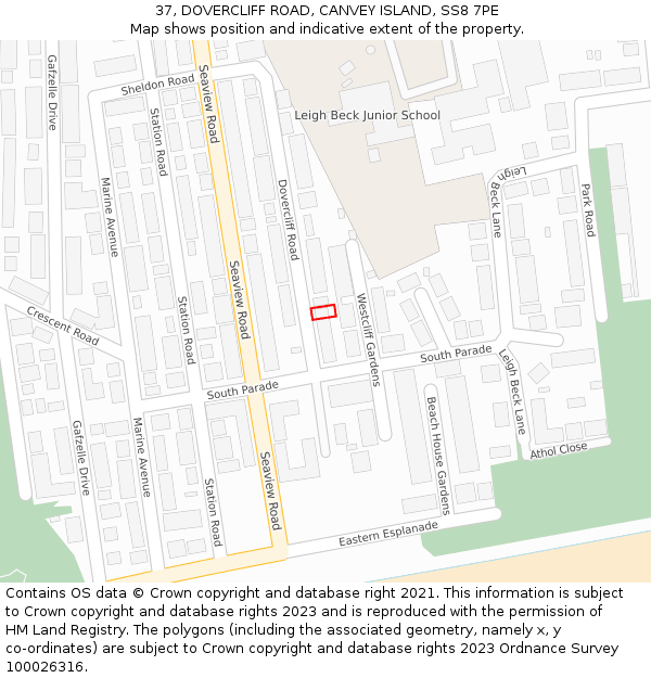 37, DOVERCLIFF ROAD, CANVEY ISLAND, SS8 7PE: Location map and indicative extent of plot