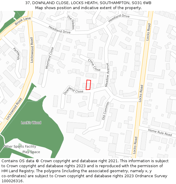 37, DOWNLAND CLOSE, LOCKS HEATH, SOUTHAMPTON, SO31 6WB: Location map and indicative extent of plot