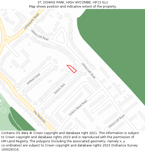 37, DOWNS PARK, HIGH WYCOMBE, HP13 5LU: Location map and indicative extent of plot