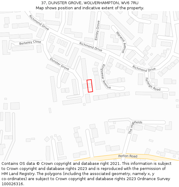 37, DUNSTER GROVE, WOLVERHAMPTON, WV6 7RU: Location map and indicative extent of plot