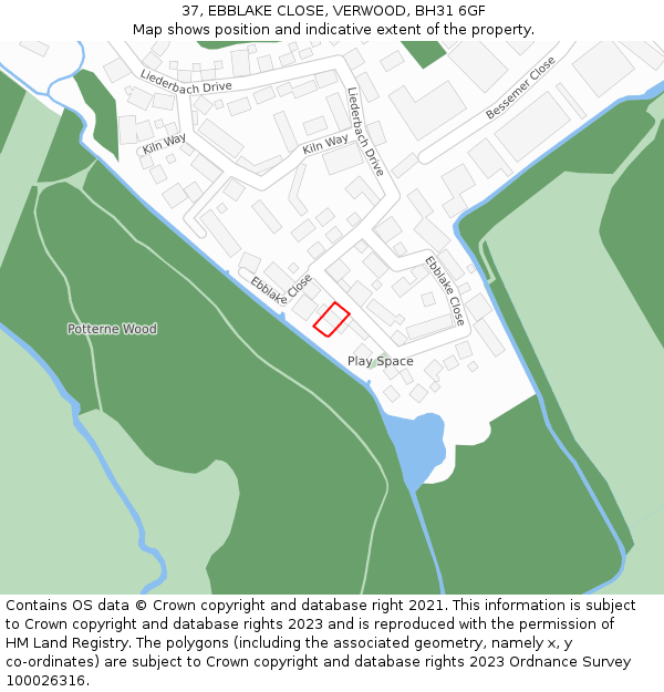 37, EBBLAKE CLOSE, VERWOOD, BH31 6GF: Location map and indicative extent of plot