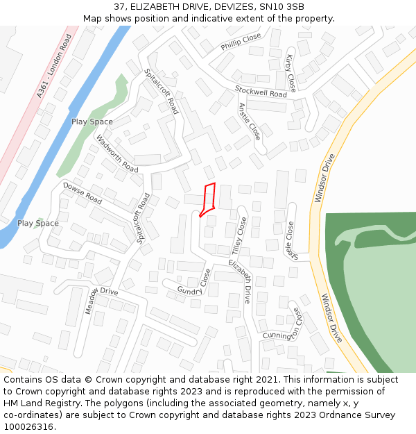 37, ELIZABETH DRIVE, DEVIZES, SN10 3SB: Location map and indicative extent of plot