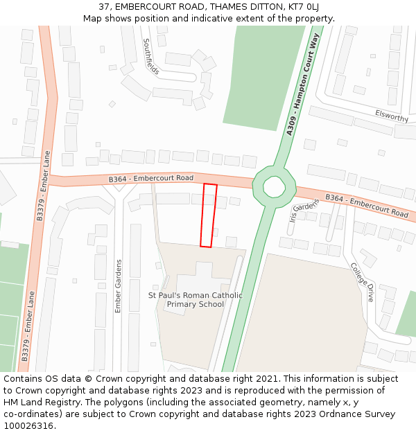 37, EMBERCOURT ROAD, THAMES DITTON, KT7 0LJ: Location map and indicative extent of plot