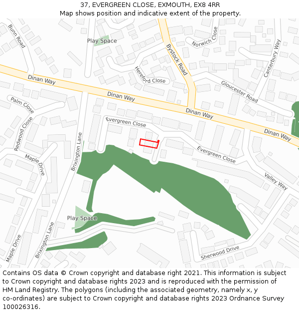 37, EVERGREEN CLOSE, EXMOUTH, EX8 4RR: Location map and indicative extent of plot