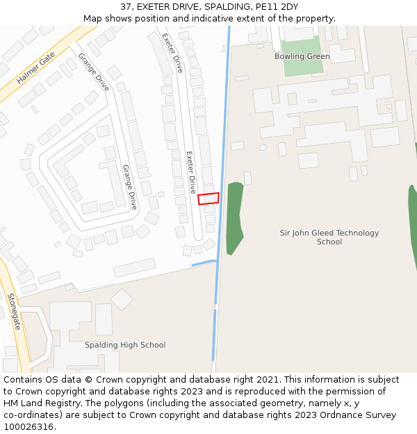 37, EXETER DRIVE, SPALDING, PE11 2DY: Location map and indicative extent of plot