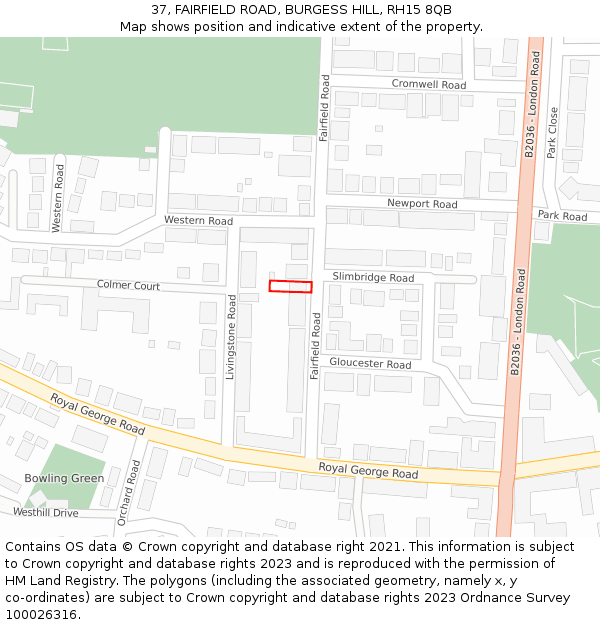 37, FAIRFIELD ROAD, BURGESS HILL, RH15 8QB: Location map and indicative extent of plot