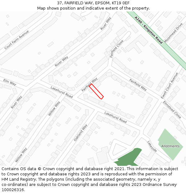 37, FAIRFIELD WAY, EPSOM, KT19 0EF: Location map and indicative extent of plot