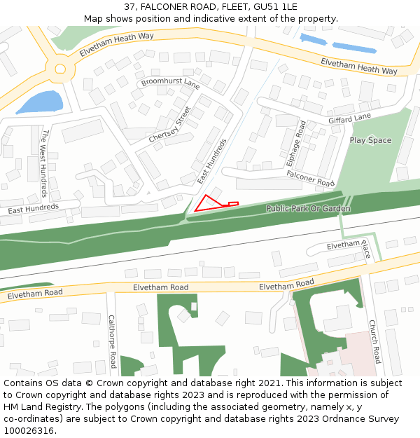 37, FALCONER ROAD, FLEET, GU51 1LE: Location map and indicative extent of plot