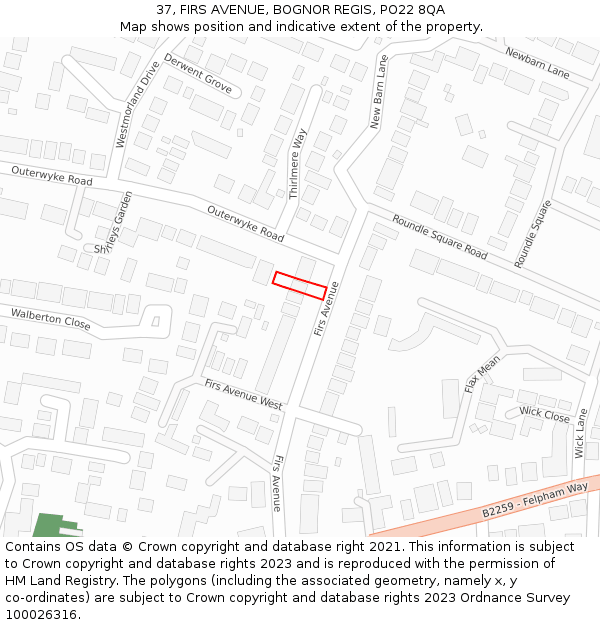 37, FIRS AVENUE, BOGNOR REGIS, PO22 8QA: Location map and indicative extent of plot