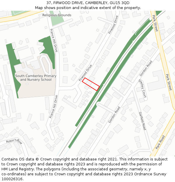 37, FIRWOOD DRIVE, CAMBERLEY, GU15 3QD: Location map and indicative extent of plot