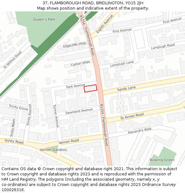 37, FLAMBOROUGH ROAD, BRIDLINGTON, YO15 2JH: Location map and indicative extent of plot