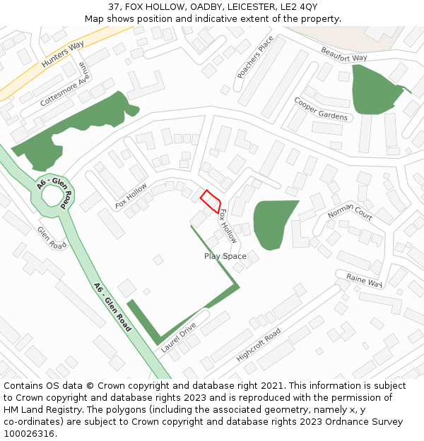 37, FOX HOLLOW, OADBY, LEICESTER, LE2 4QY: Location map and indicative extent of plot