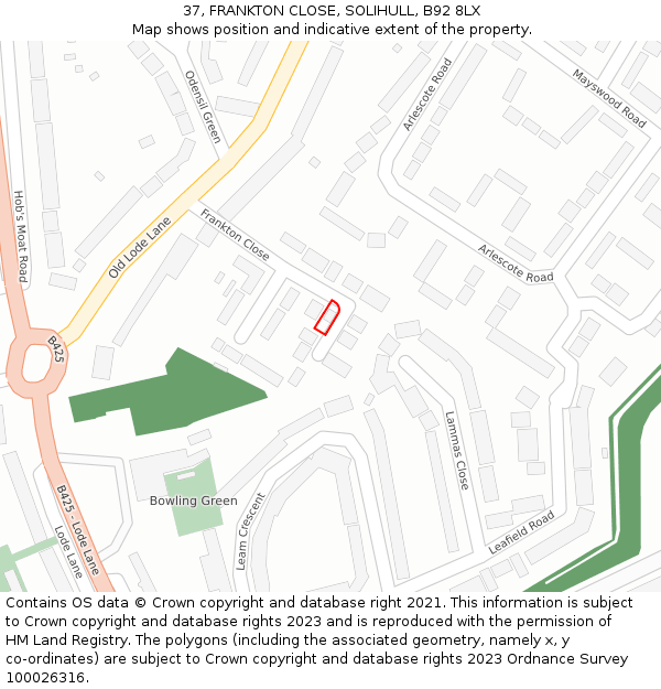 37, FRANKTON CLOSE, SOLIHULL, B92 8LX: Location map and indicative extent of plot