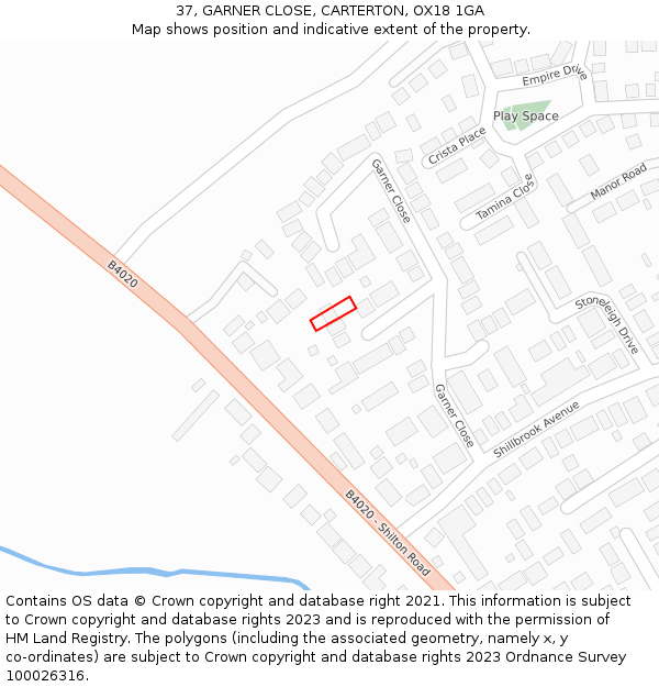 37, GARNER CLOSE, CARTERTON, OX18 1GA: Location map and indicative extent of plot