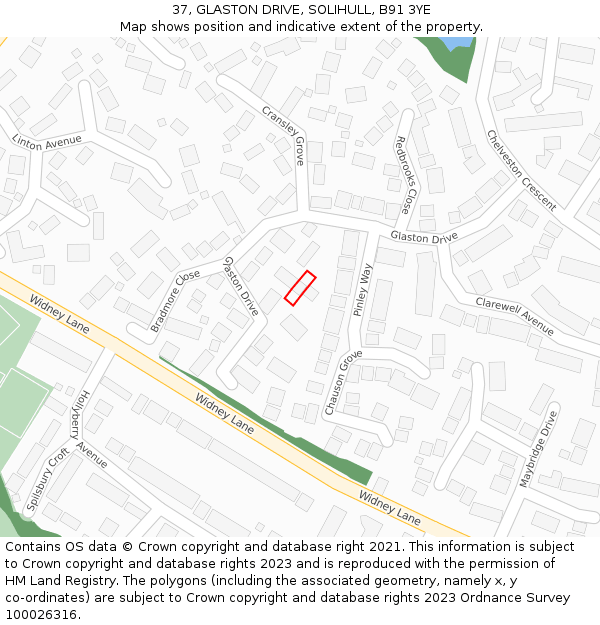 37, GLASTON DRIVE, SOLIHULL, B91 3YE: Location map and indicative extent of plot