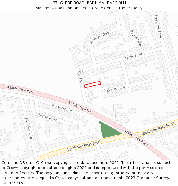 37, GLEBE ROAD, RAINHAM, RM13 9LH: Location map and indicative extent of plot