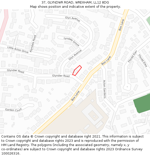 37, GLYNDWR ROAD, WREXHAM, LL12 8DG: Location map and indicative extent of plot