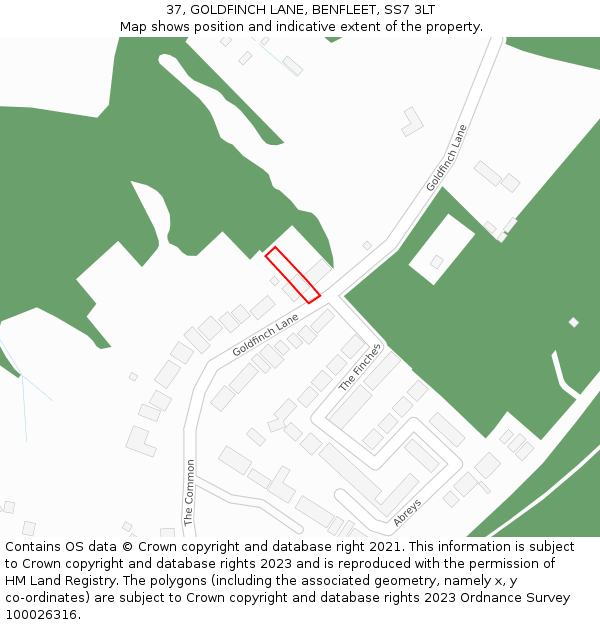 37, GOLDFINCH LANE, BENFLEET, SS7 3LT: Location map and indicative extent of plot