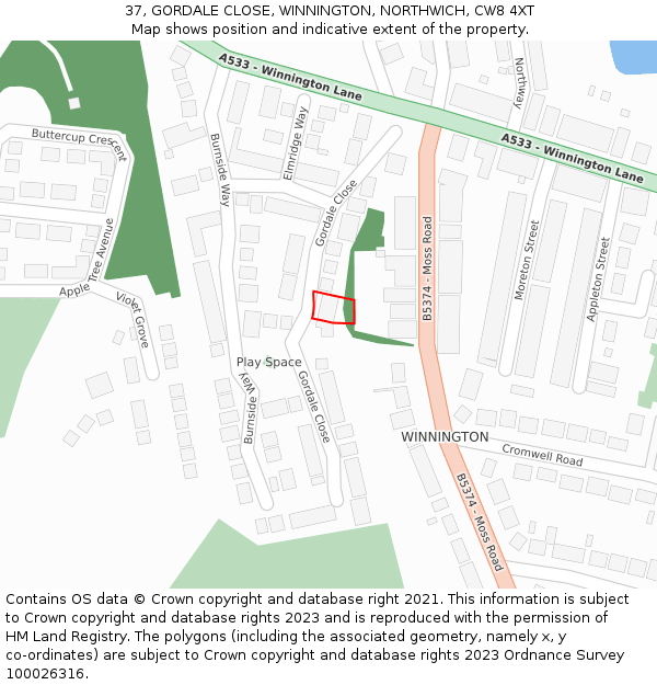 37, GORDALE CLOSE, WINNINGTON, NORTHWICH, CW8 4XT: Location map and indicative extent of plot