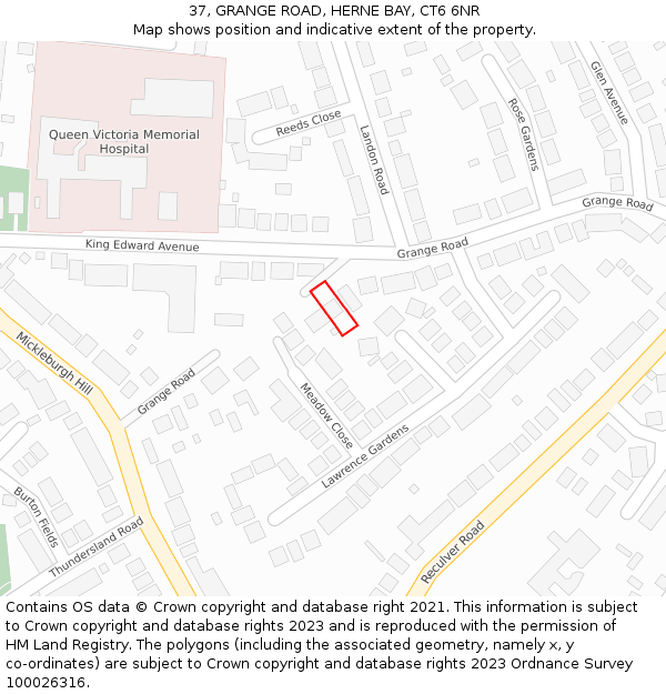 37, GRANGE ROAD, HERNE BAY, CT6 6NR: Location map and indicative extent of plot