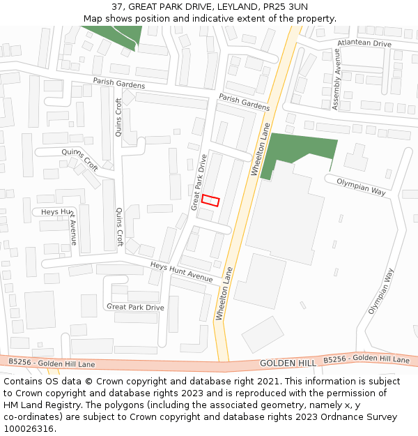 37, GREAT PARK DRIVE, LEYLAND, PR25 3UN: Location map and indicative extent of plot