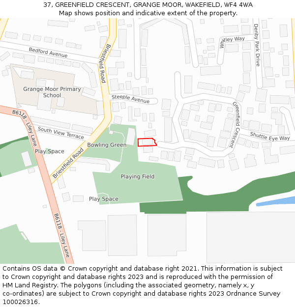 37, GREENFIELD CRESCENT, GRANGE MOOR, WAKEFIELD, WF4 4WA: Location map and indicative extent of plot