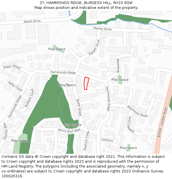 37, HAMMONDS RIDGE, BURGESS HILL, RH15 9QW: Location map and indicative extent of plot