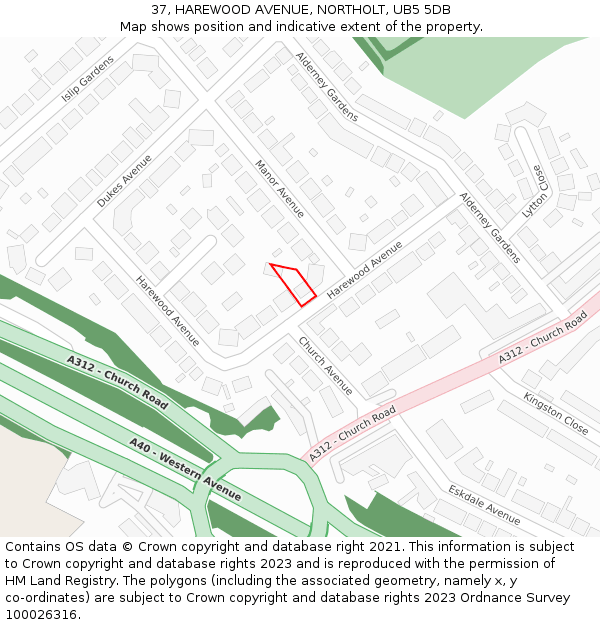 37, HAREWOOD AVENUE, NORTHOLT, UB5 5DB: Location map and indicative extent of plot